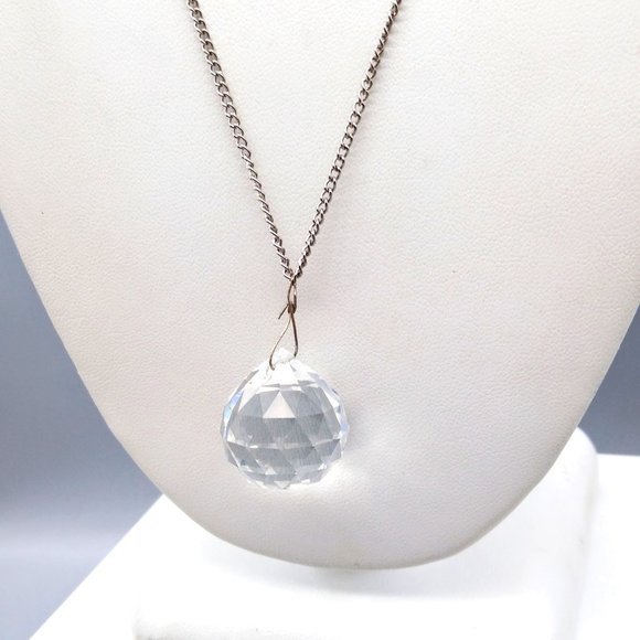 Vintage Faceted Crystal Pendant Necklace, Disco Ball on Silver Tone Chain - Picture 1 of 4